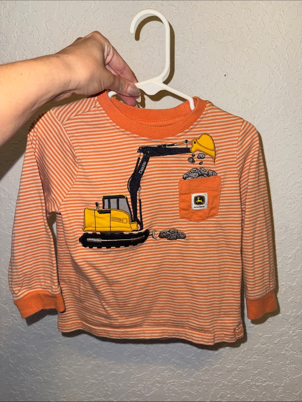 John Deere Orange Striped Excavator Long Sleeve Shirt with Yellow Graphic